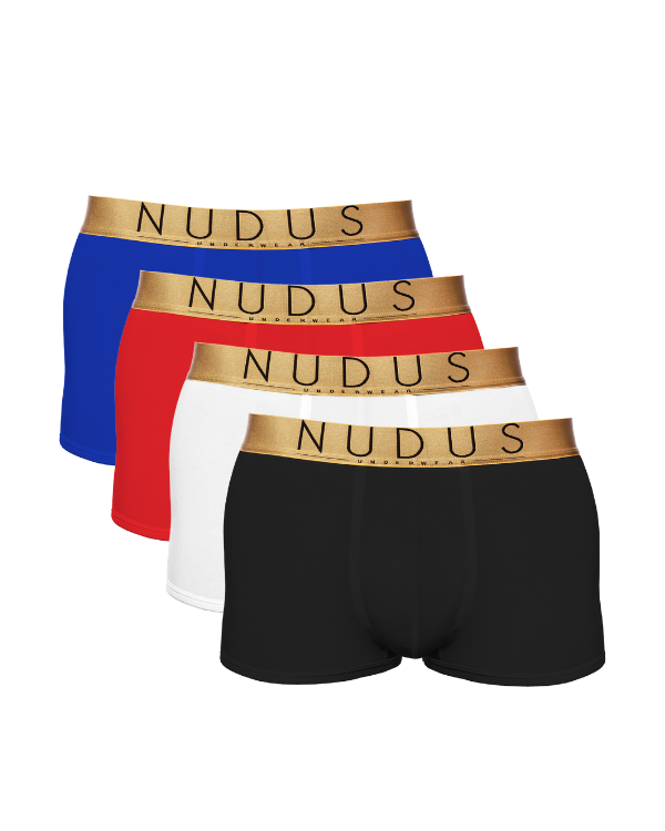 White, Red, Blue, and Black NUDUS Men's Bamboo Trunks - Double Pouch - Pack of 4 - Gift Box