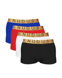 White, Red, Blue, and Black NUDUS Men's Bamboo Trunks - Double Pouch - Pack of 4 - Gift Box