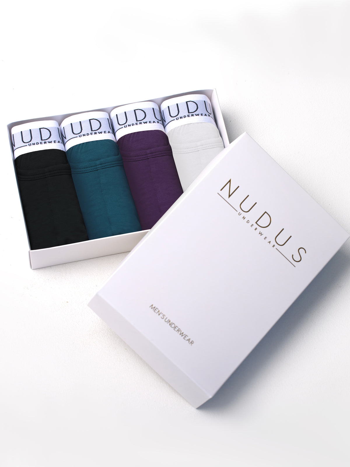 White, Turquoise, Purple and Black NUDUS Men's Bamboo Trunks - Fly Opening - Pack of 4 - Gift Box